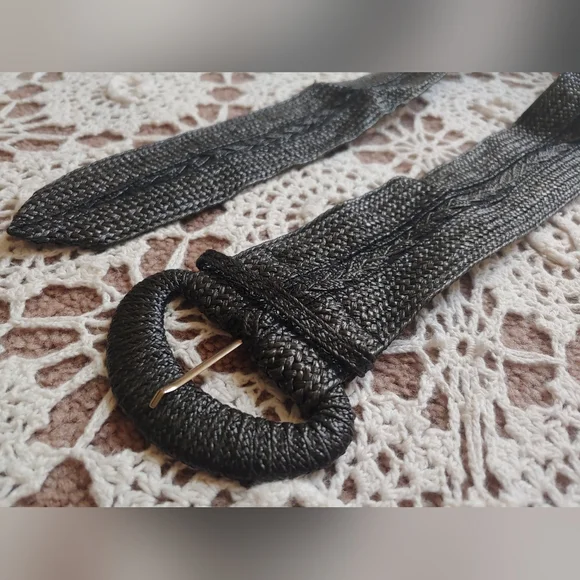 RARE Vintage 80s Black Woven Gothic Retro Bohemian Braided Belt - Picture 11 of 12